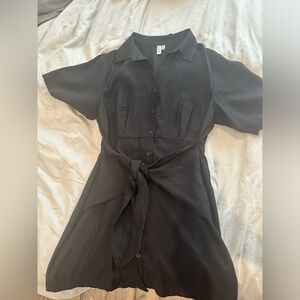 & Other Stories Mini Dress Black Linen Size 12 Tie-Front Shirtdress NEW